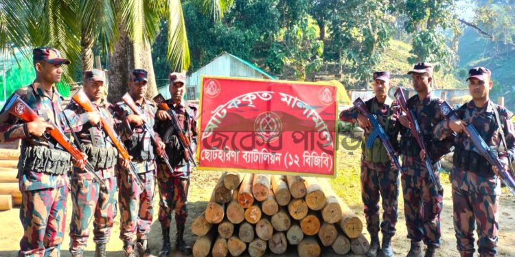 বরকলে বিজিবির অভিযানে অবৈধ গোলকাঠ আটক