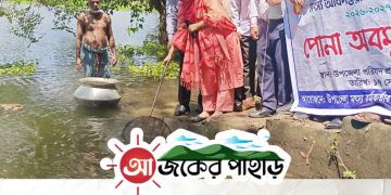 নানিয়ারচরে প্রাতিষ্ঠানিক জলাশয়ে মাছের পোনা অবমুক্ত
